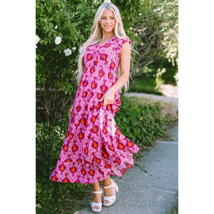 Twisted Printed Cap Sleeve Midi Dress Fuchsia Pink / S Apparel and Accessories