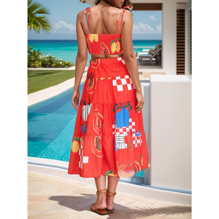 Twisted Printed Spaghetti Strap Top and Skirt Set Orange-Red / S Apparel and Accessories