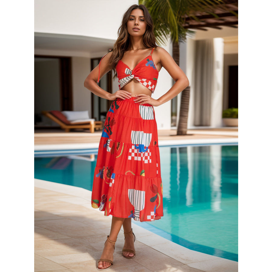Twisted Printed Spaghetti Strap Top and Skirt Set Orange-Red / S Apparel and Accessories