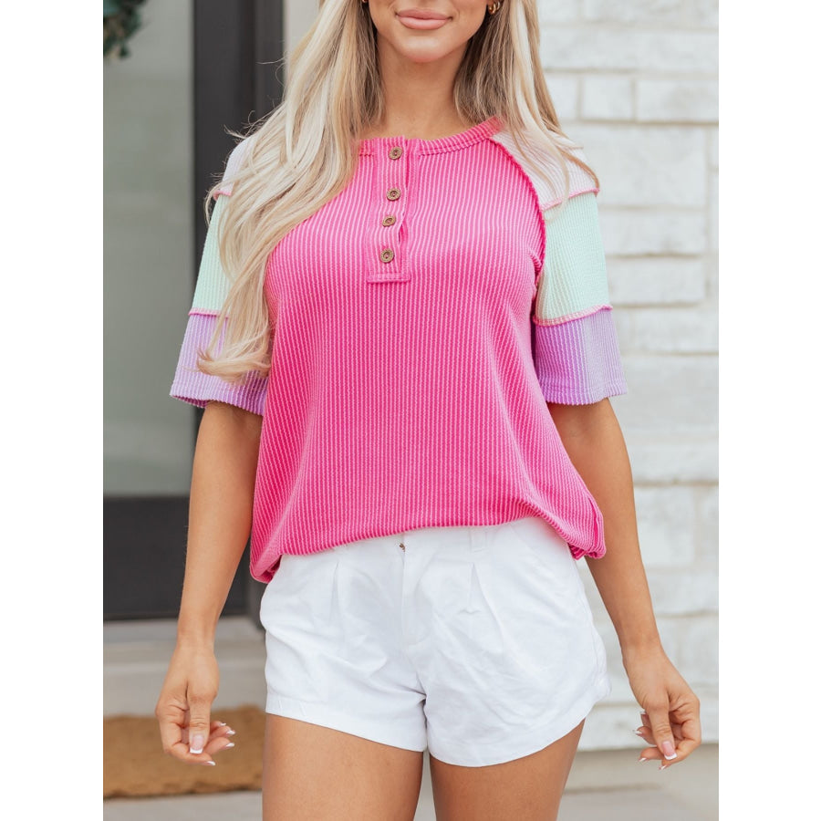 Twisted Rib Color Block Patchwork Short Sleeve Henley Top Apparel and Accessories