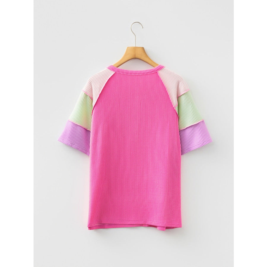 Twisted Rib Color Block Patchwork Short Sleeve Henley Top Apparel and Accessories