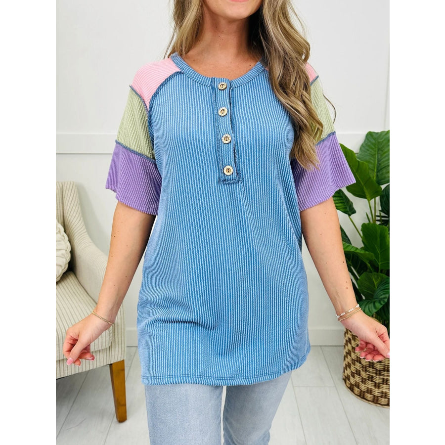 Twisted Rib Color Block Patchwork Short Sleeve Henley Top Apparel and Accessories