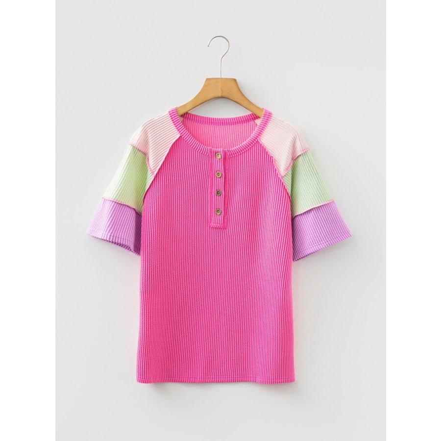 Twisted Rib Color Block Patchwork Short Sleeve Henley Top Apparel and Accessories