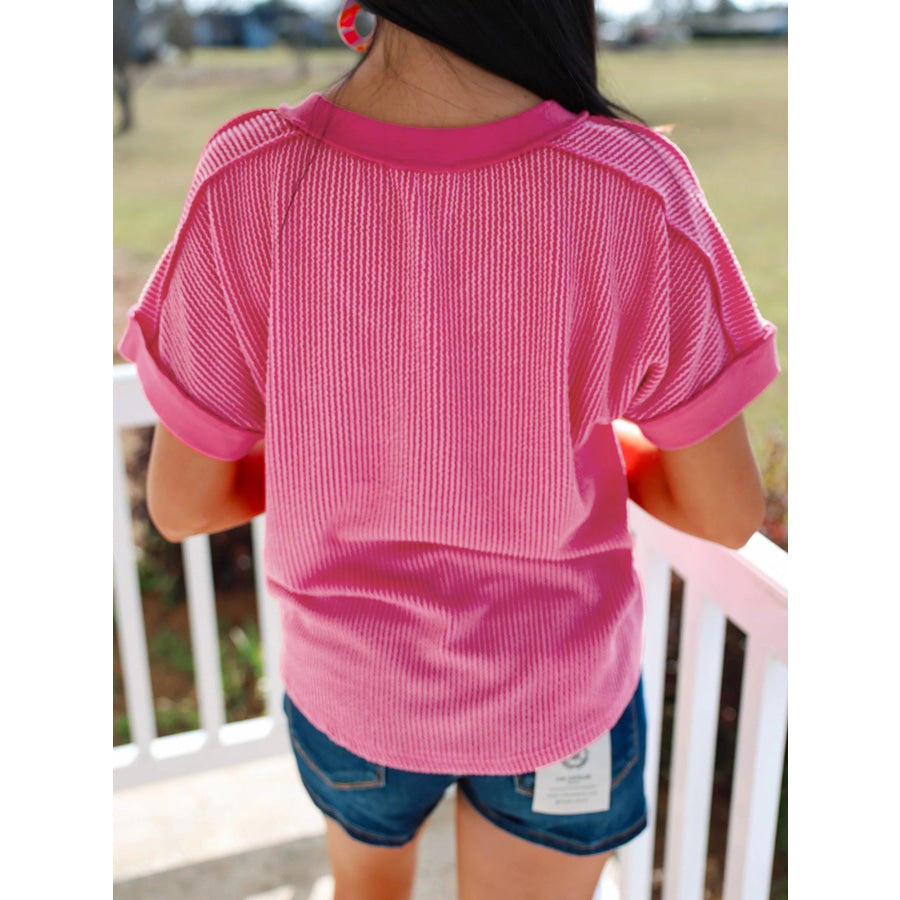 Twisted Rib Sequin Patriotic Balloon Dog V Neck Tee Apparel and Accessories