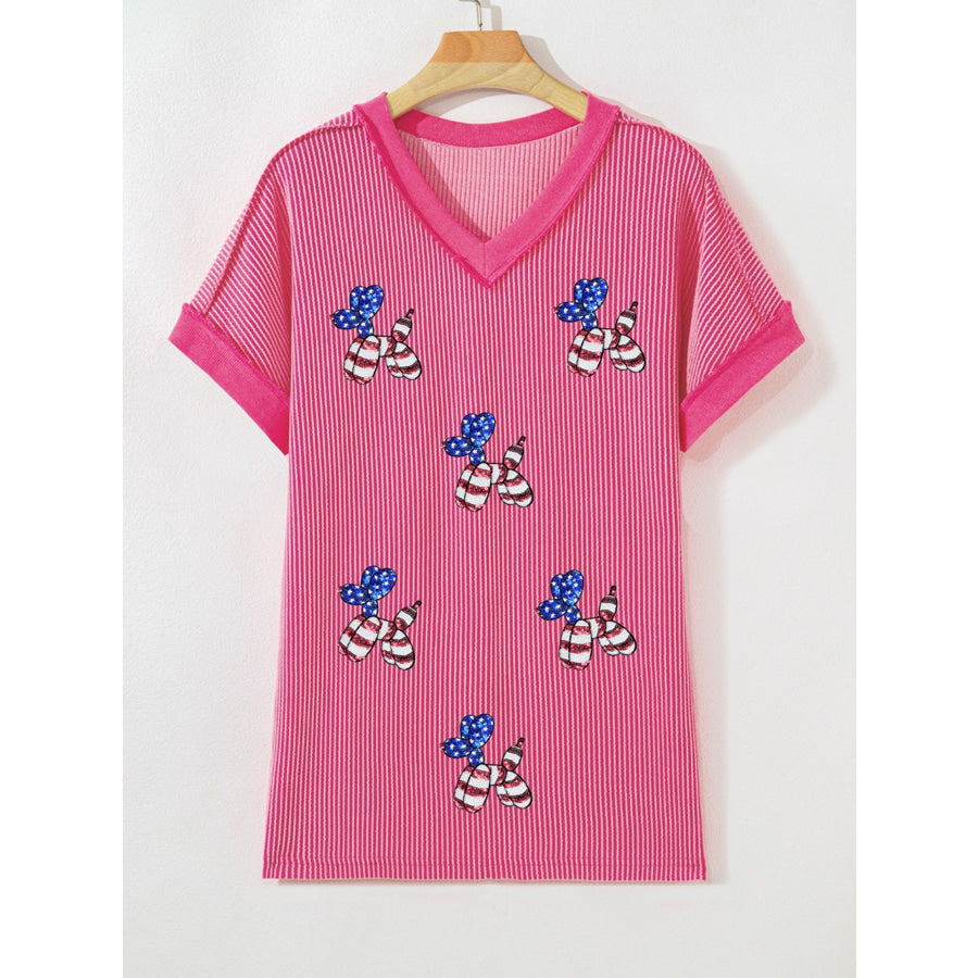 Twisted Rib Sequin Patriotic Balloon Dog V Neck Tee Apparel and Accessories