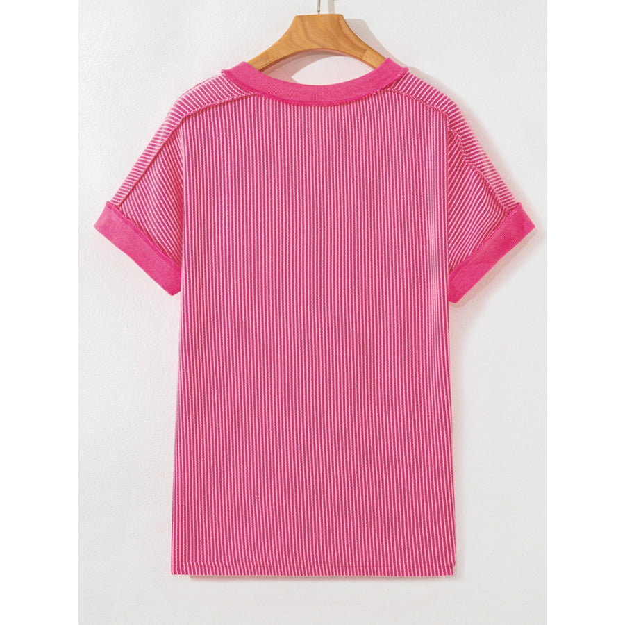 Twisted Rib Sequin Patriotic Balloon Dog V Neck Tee Apparel and Accessories