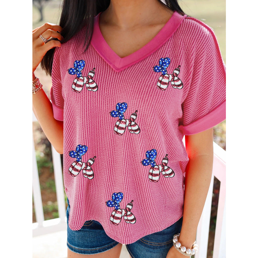 Twisted Rib Sequin Patriotic Balloon Dog V Neck Tee Apparel and Accessories