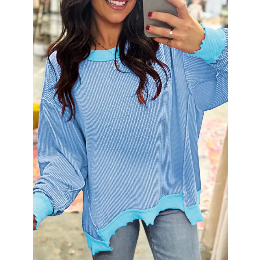 Twisted Rib Uneven Hem Drop Shoulder Loose Knit Top Light Blue / S Apparel and Accessories