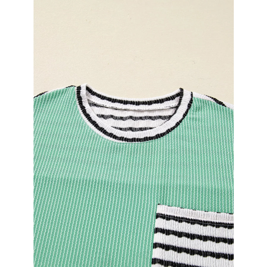 Twisted Ribbed Contrast Round Neck Striped Patchwork Long Sleeve Top Apparel and Accessories