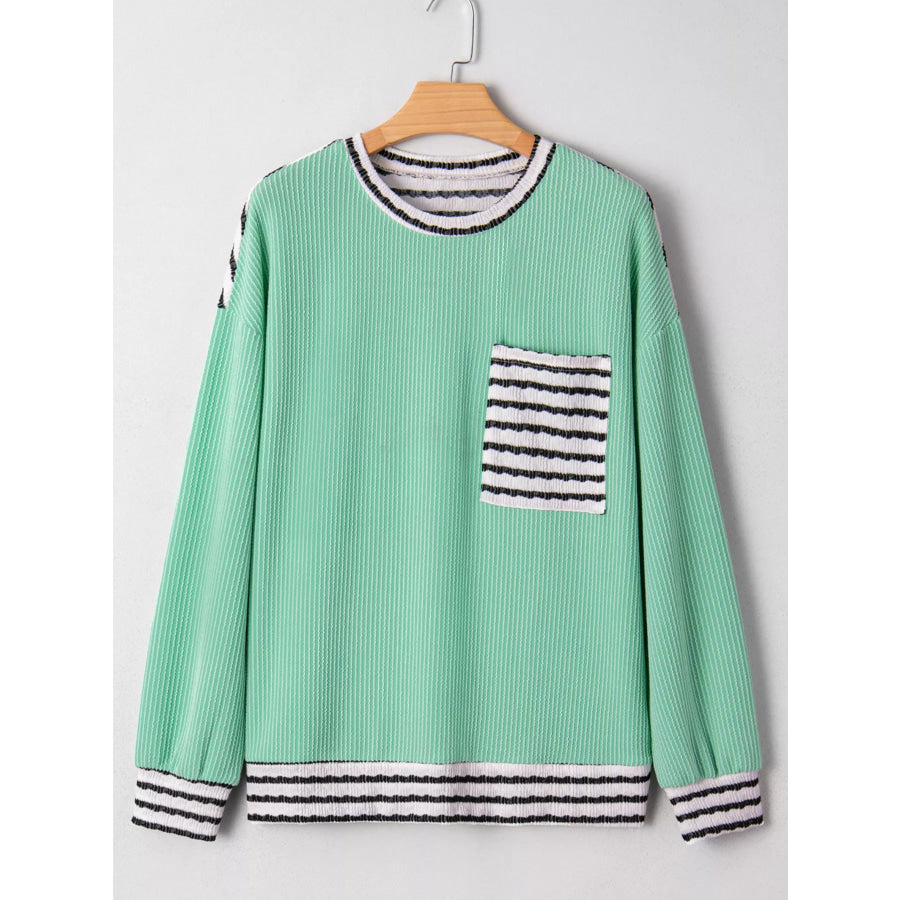 Twisted Ribbed Contrast Round Neck Striped Patchwork Long Sleeve Top Apparel and Accessories