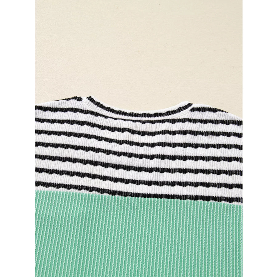 Twisted Ribbed Contrast Round Neck Striped Patchwork Long Sleeve Top Apparel and Accessories