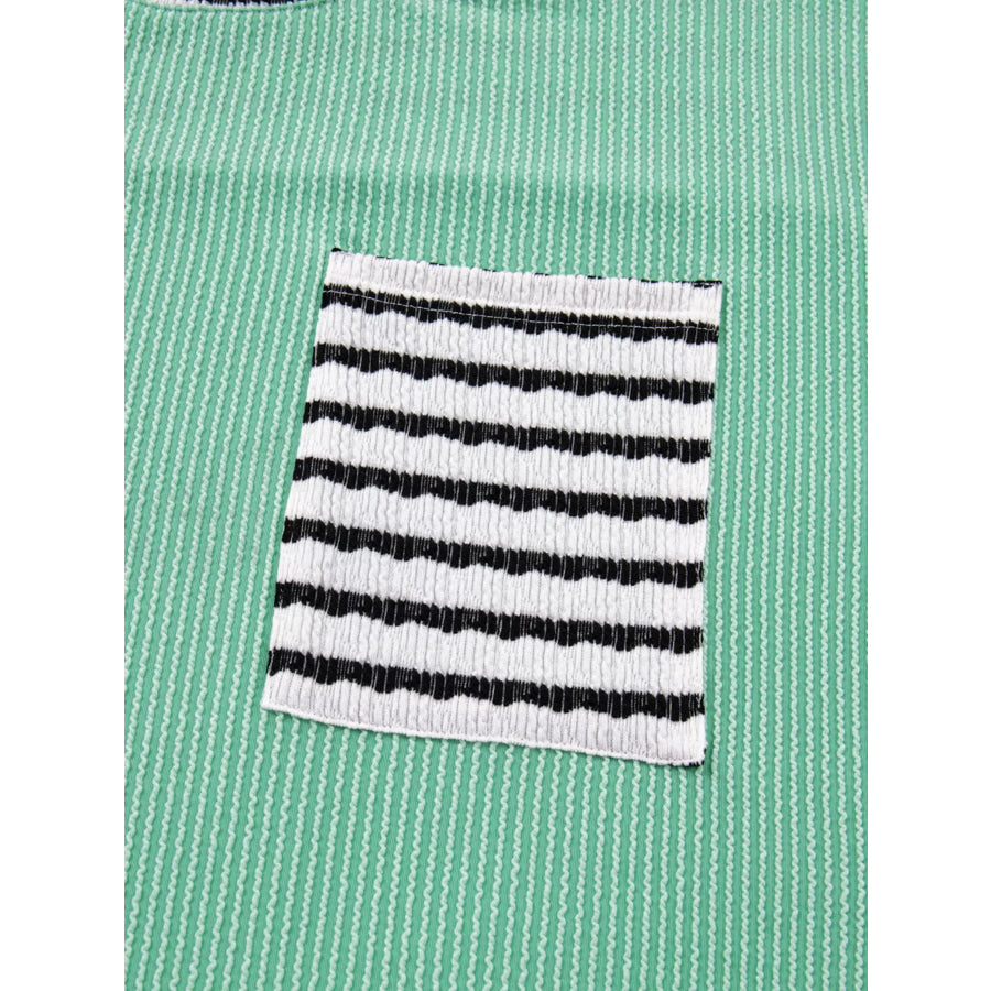 Twisted Ribbed Contrast Round Neck Striped Patchwork Long Sleeve Top Apparel and Accessories
