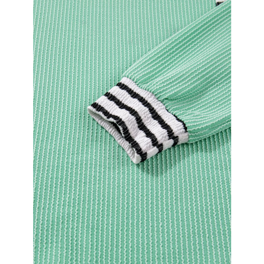 Twisted Ribbed Contrast Round Neck Striped Patchwork Long Sleeve Top Apparel and Accessories