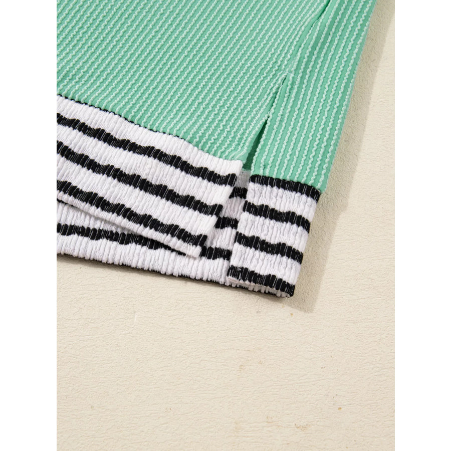 Twisted Ribbed Contrast Round Neck Striped Patchwork Long Sleeve Top Apparel and Accessories