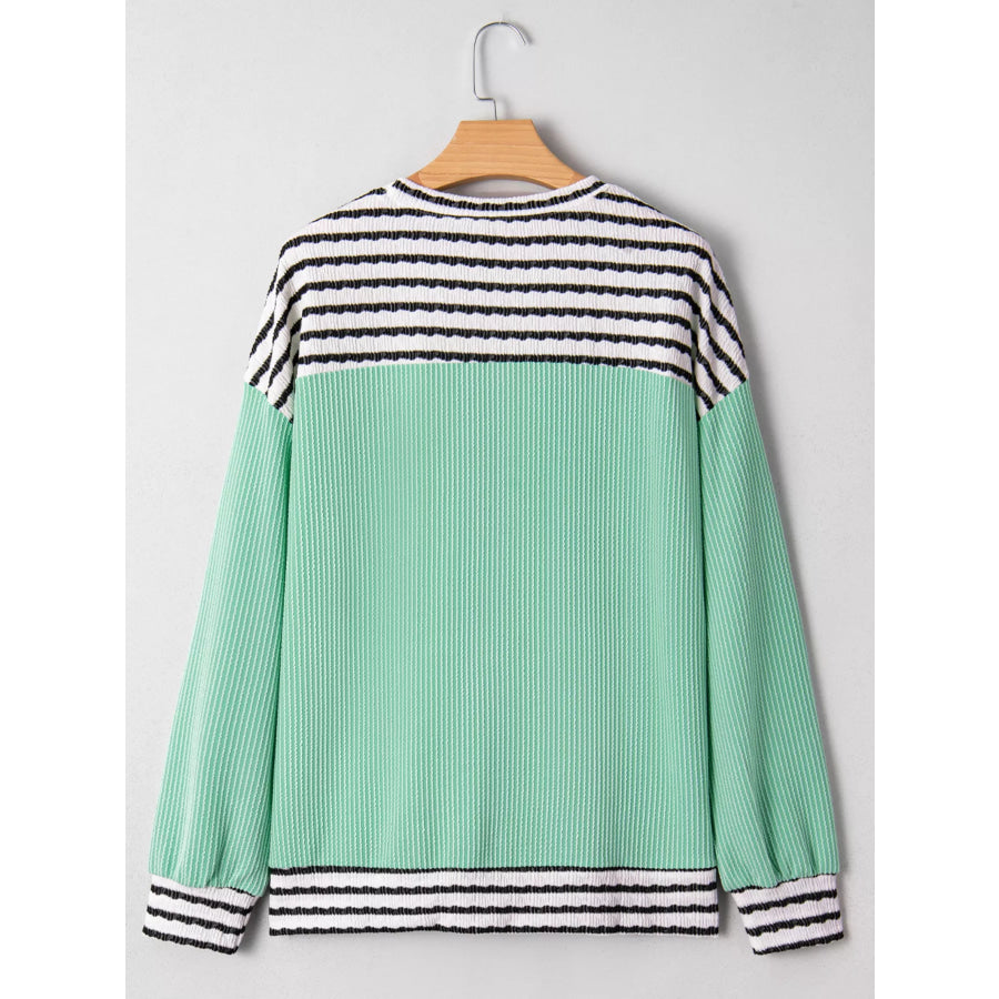 Twisted Ribbed Contrast Round Neck Striped Patchwork Long Sleeve Top Apparel and Accessories