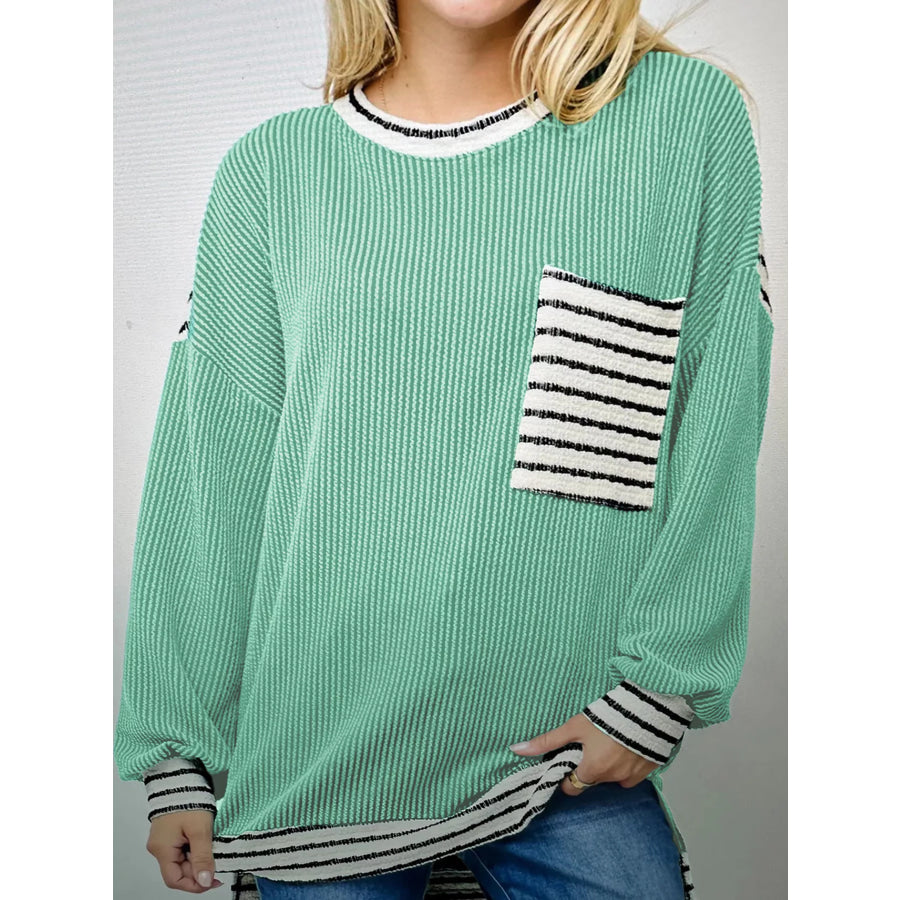 Twisted Ribbed Contrast Round Neck Striped Patchwork Long Sleeve Top Turquoise / S Apparel and Accessories