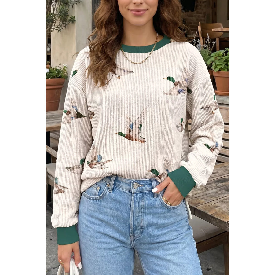Twisted Ribbed Duck Print Crewneck Casual Pullover Top Beige / S Apparel and Accessories