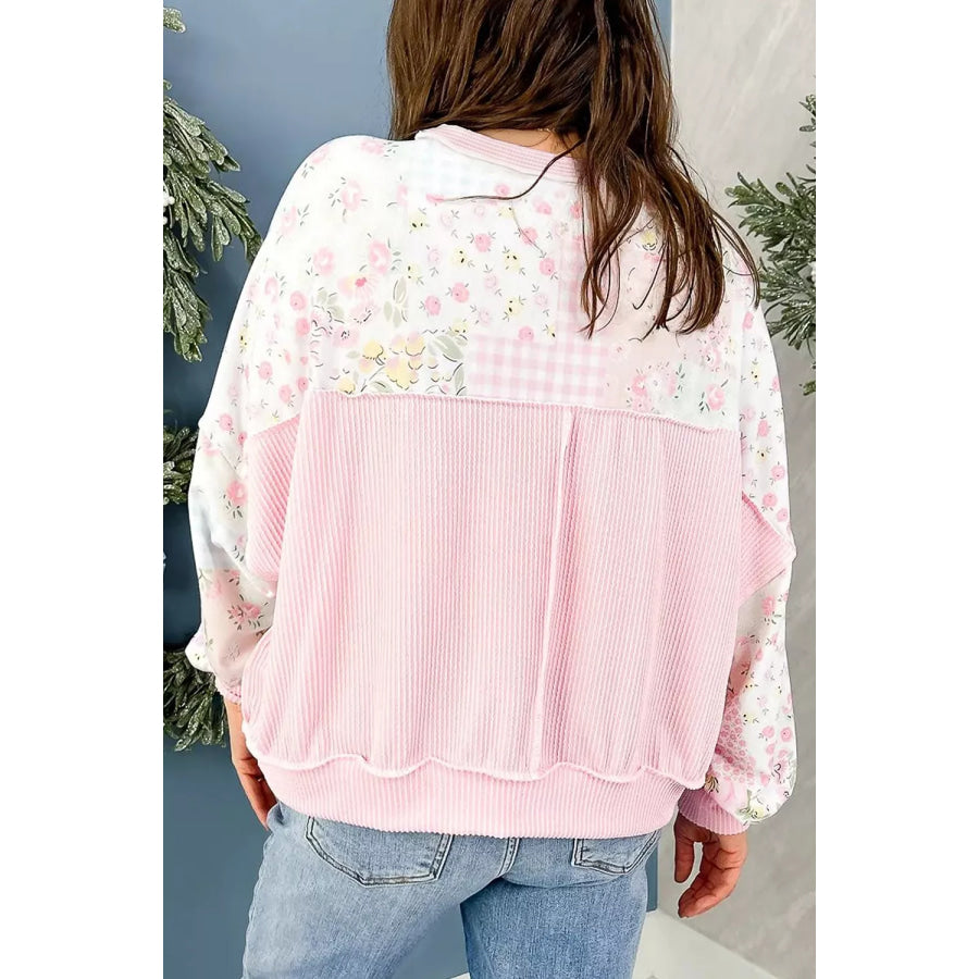 Twisted Ribbed Trim Floral Print Patchwork Long Sleeve Top Blush Pink / S Apparel and Accessories