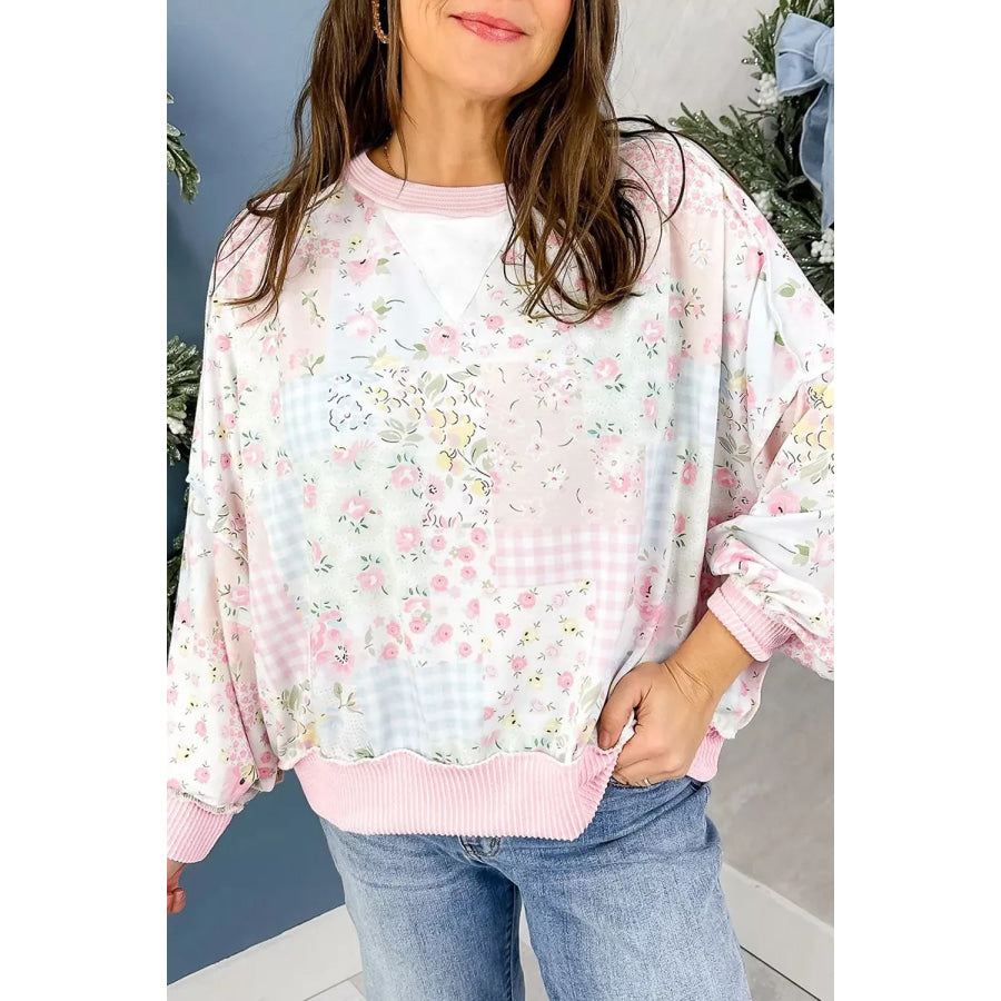 Twisted Ribbed Trim Floral Print Patchwork Long Sleeve Top Apparel and Accessories