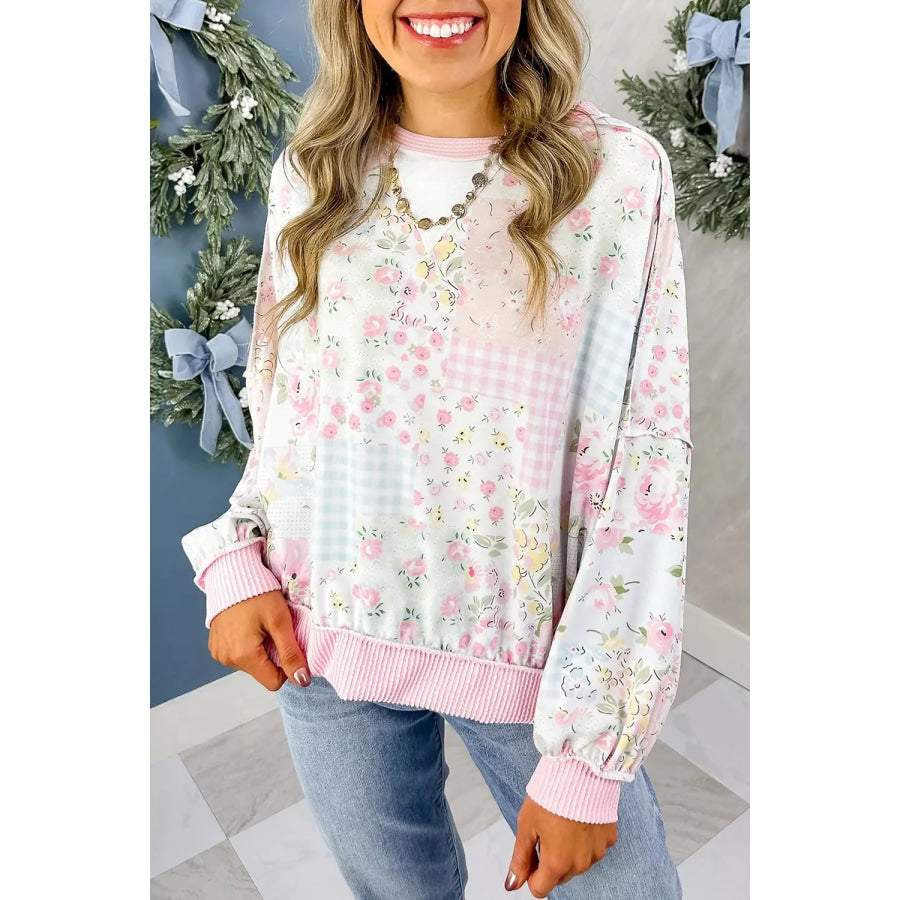 Twisted Ribbed Trim Floral Print Patchwork Long Sleeve Top Apparel and Accessories