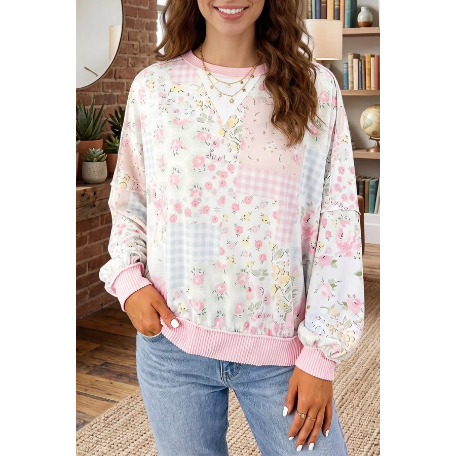 Twisted Ribbed Trim Floral Print Patchwork Long Sleeve Top Blush Pink / S Apparel and Accessories