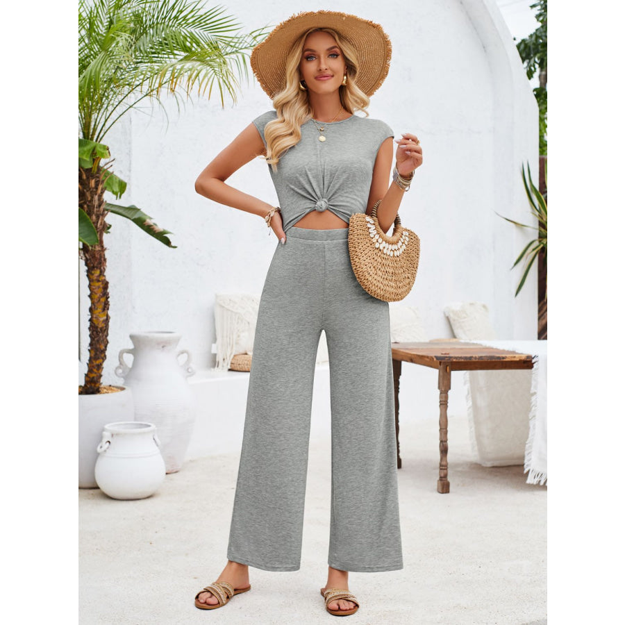 Twisted Round Neck Cap Sleeve Jumpsuit Apparel and Accessories