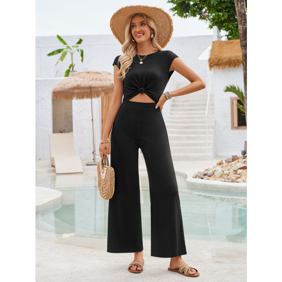 Twisted Round Neck Cap Sleeve Jumpsuit Apparel and Accessories