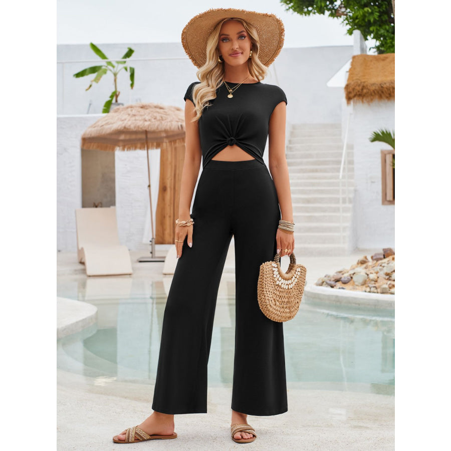 Twisted Round Neck Cap Sleeve Jumpsuit Black / S Apparel and Accessories