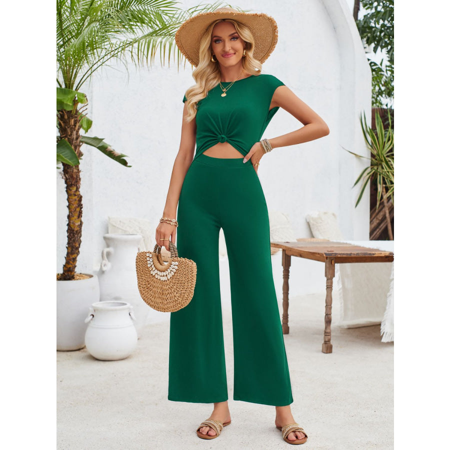 Twisted Round Neck Cap Sleeve Jumpsuit Dark Green / S Apparel and Accessories