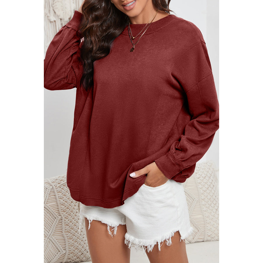 Twisted Round Neck Dropped Shoulder Sweatshirt Wine / S Apparel and Accessories