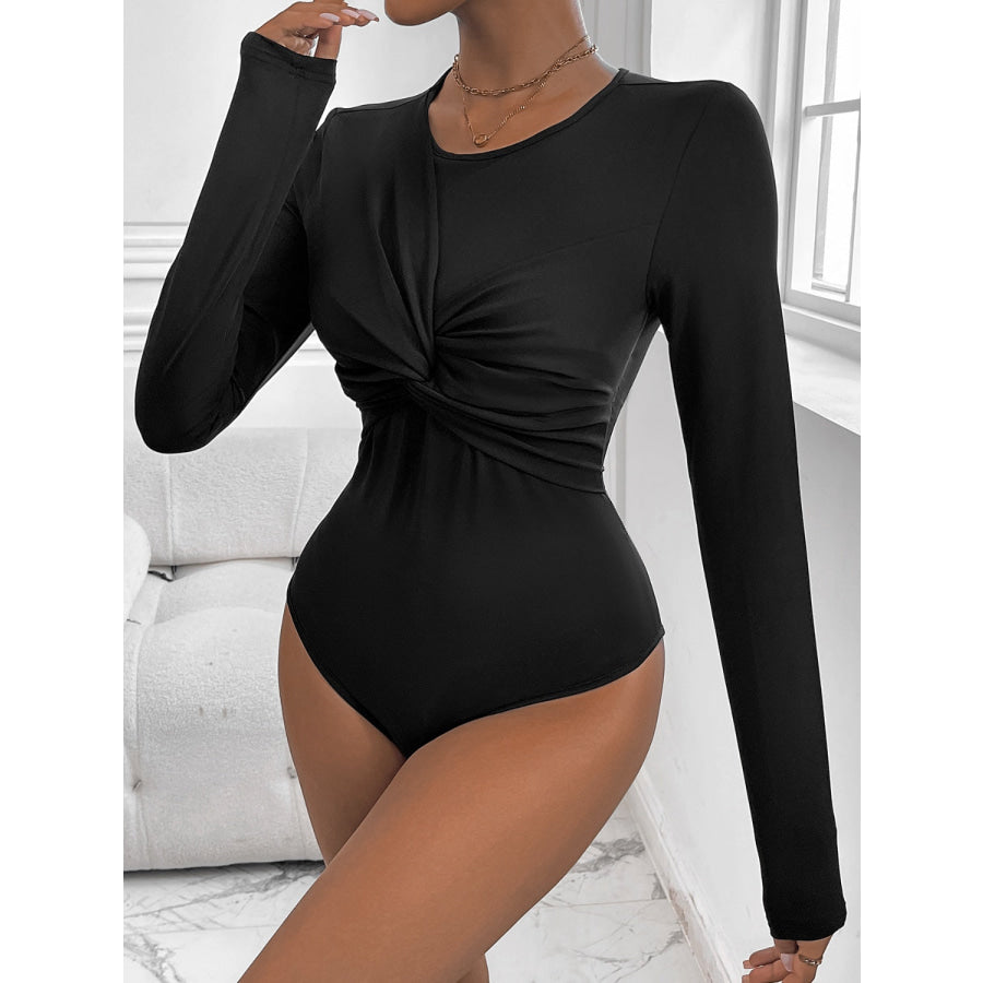 Twisted Round Neck Long Sleeve Bodysuit Black / S Apparel and Accessories