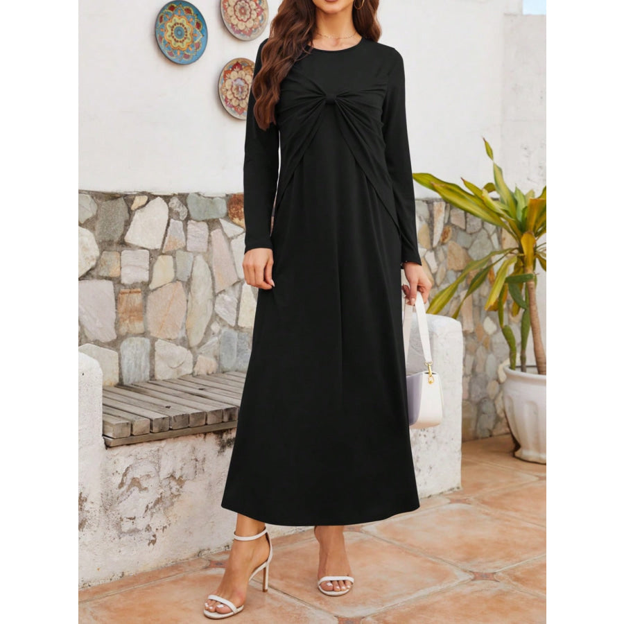 Twisted Round Neck Long Sleeve Dress Black / S Apparel and Accessories