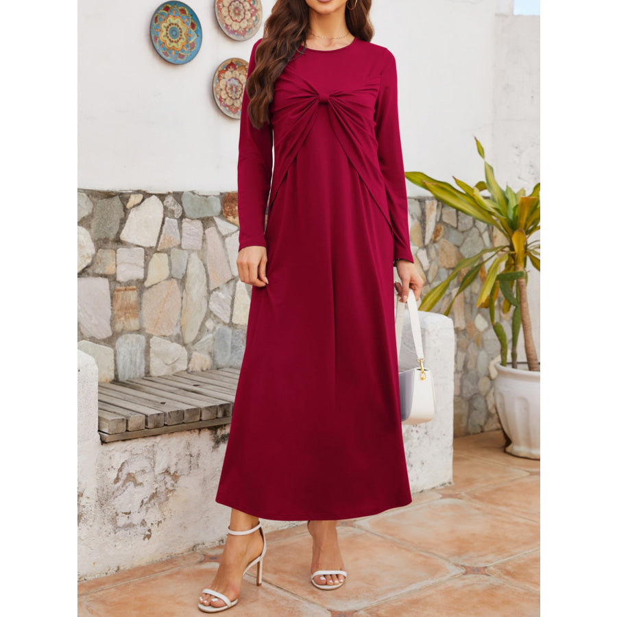 Twisted Round Neck Long Sleeve Dress Burgundy / S Apparel and Accessories