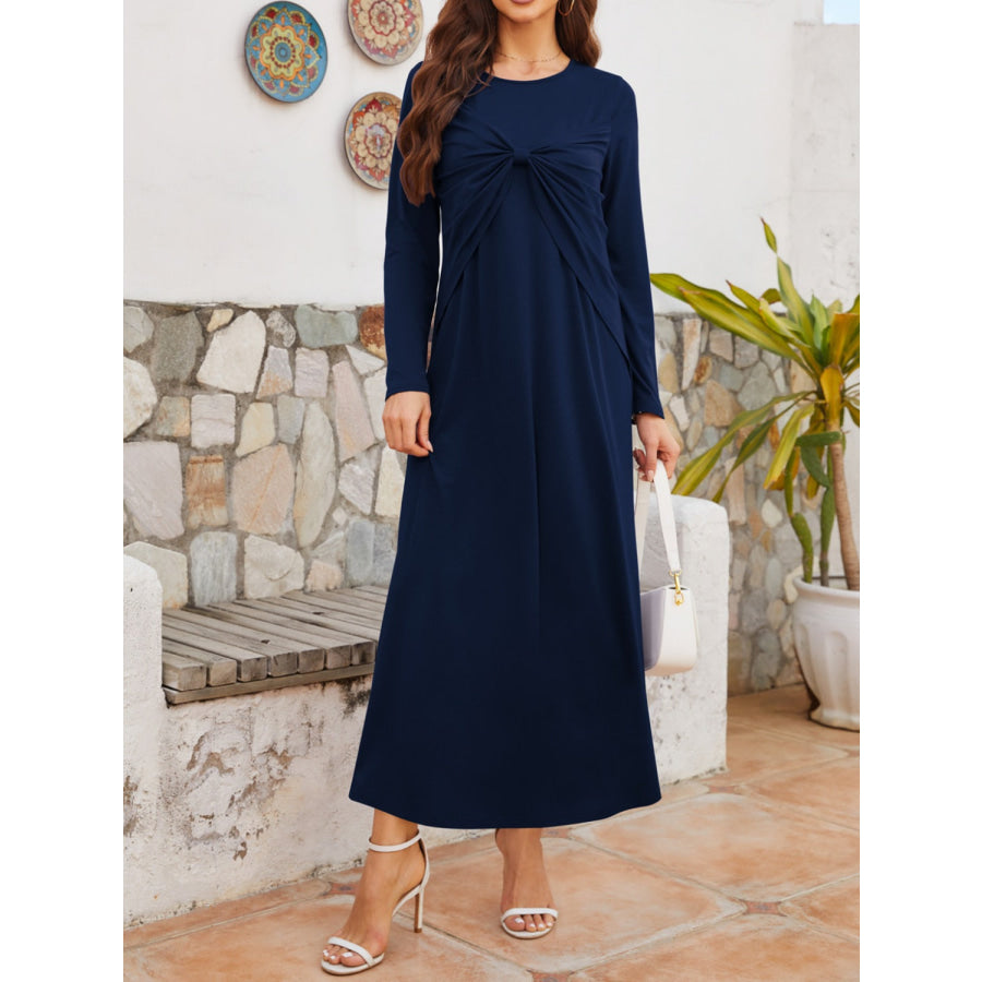 Twisted Round Neck Long Sleeve Dress Navy / S Apparel and Accessories