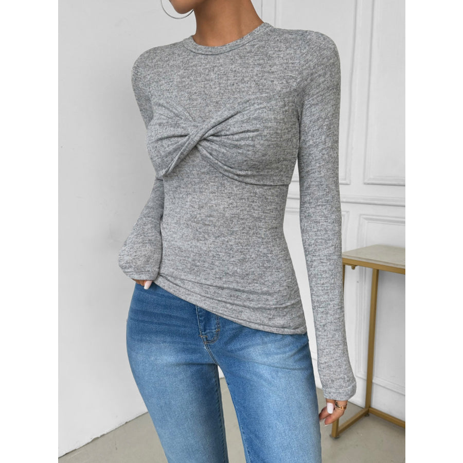 Twisted Round Neck Long Sleeve T-Shirt Gray / S Apparel and Accessories