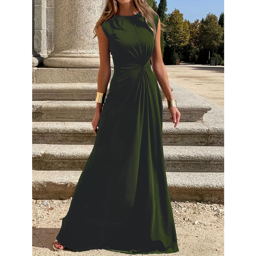 Twisted Round Neck Sleeveless Maxi Dress Army Green / S Apparel and Accessories