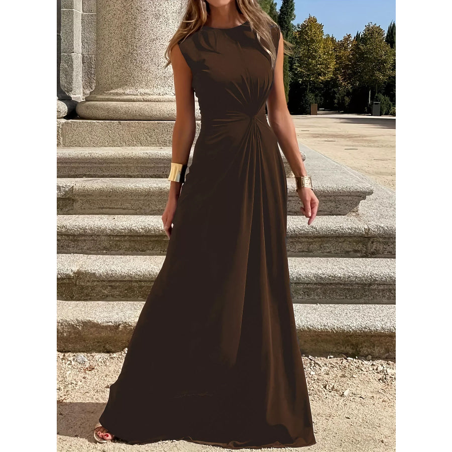 Twisted Round Neck Sleeveless Maxi Dress Brown / S Apparel and Accessories