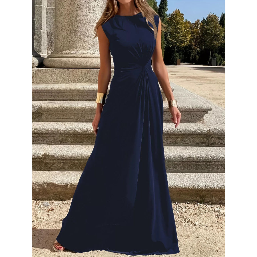 Twisted Round Neck Sleeveless Maxi Dress Navy Blue / S Apparel and Accessories