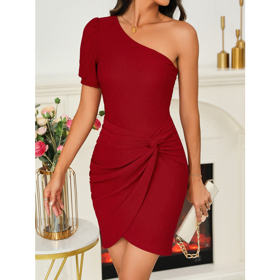 Twisted Single Shoulder Short Sleeve Dress Apparel and Accessories