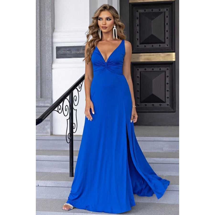 Twisted Slit Plunge Maxi Dress Cobalt Blue / XS Clothing