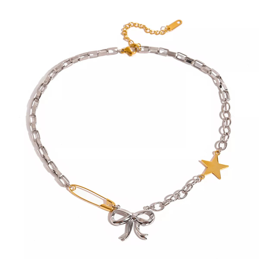 Two-Tone Bow Star Necklace Silver / One Size Apparel and Accessories