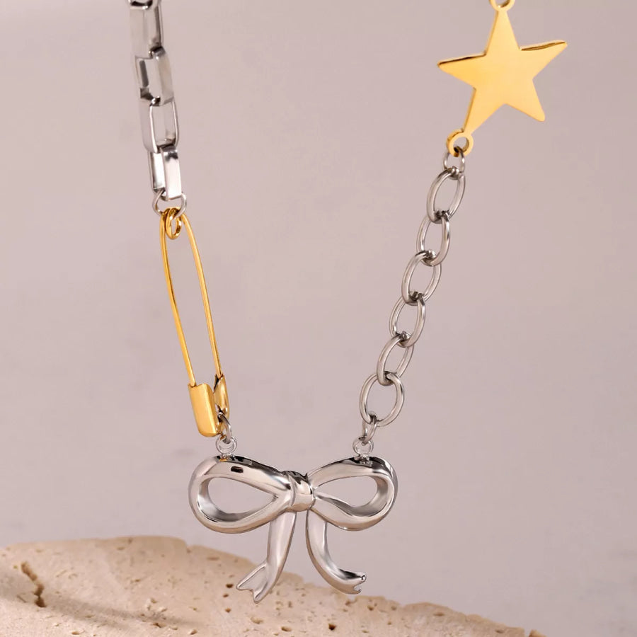 Two-Tone Bow Star Necklace Silver / One Size Apparel and Accessories