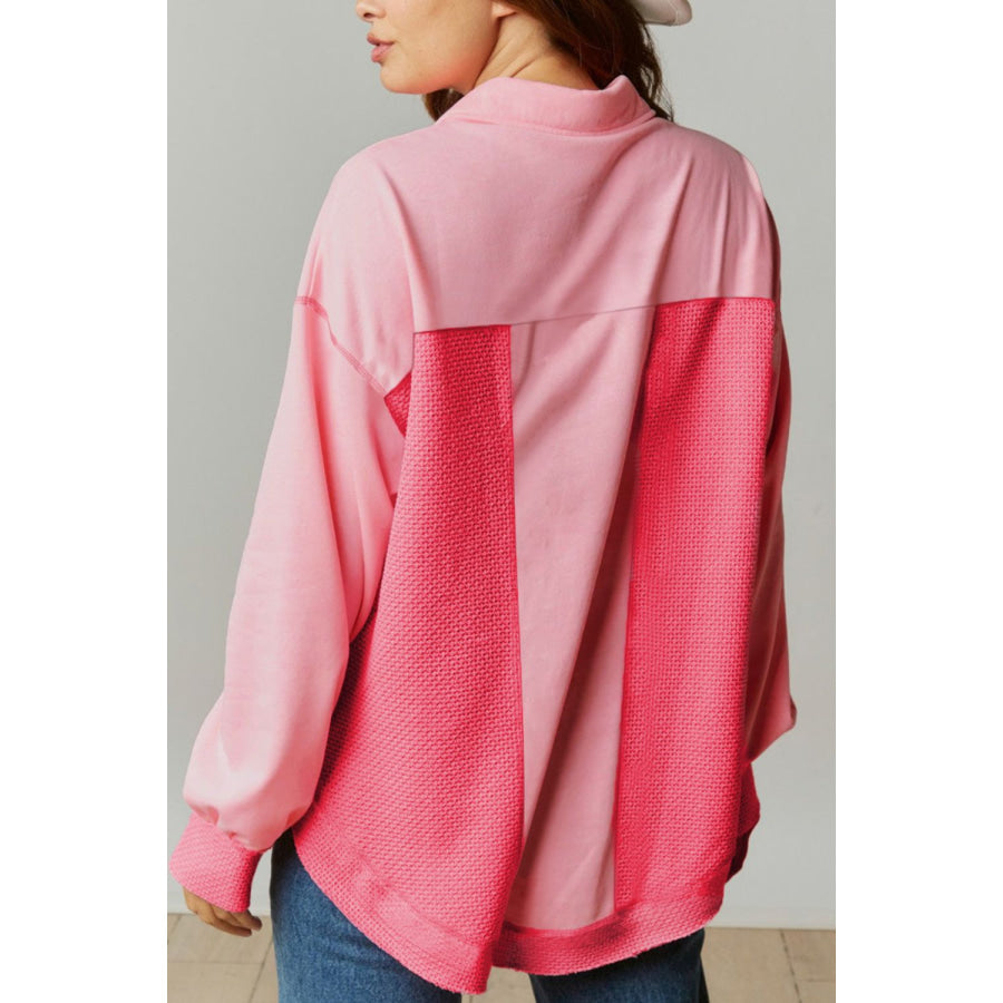 Two Tone Button Up Drop Shoulder Shacket Blush Pink / S Apparel and Accessories