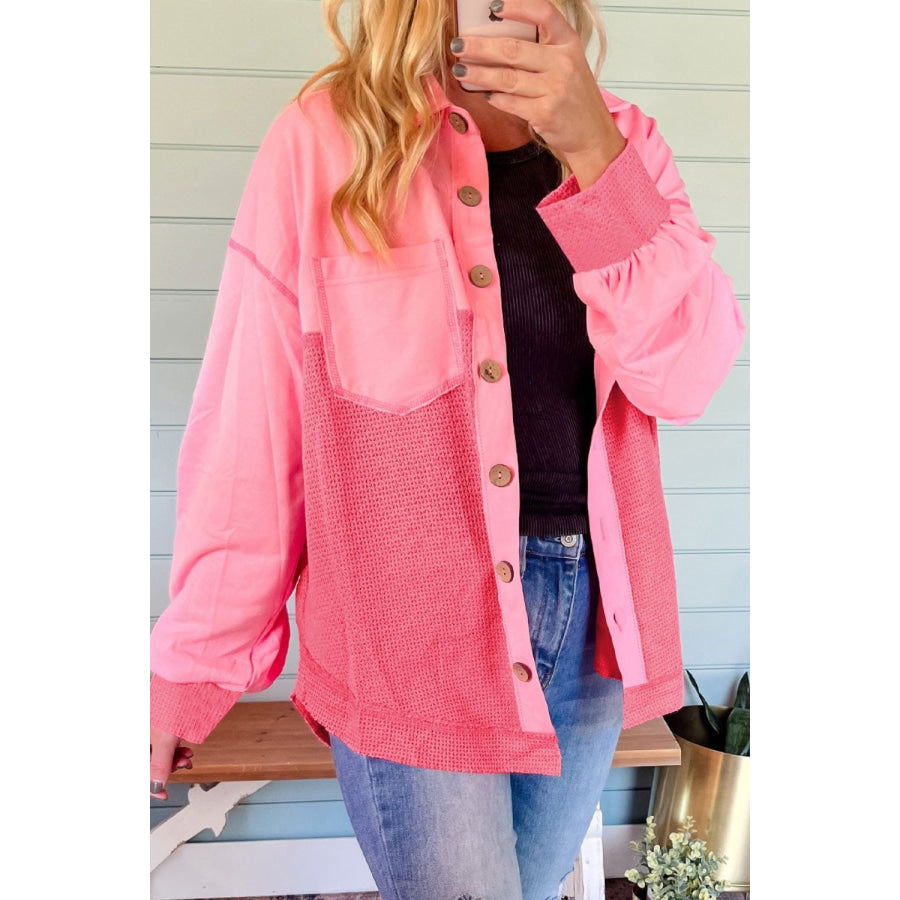 Two Tone Button Up Drop Shoulder Shacket Apparel and Accessories