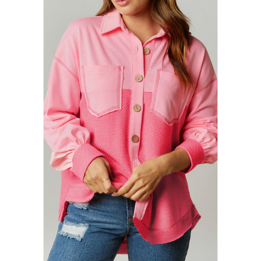 Two Tone Button Up Drop Shoulder Shacket Blush Pink / S Apparel and Accessories