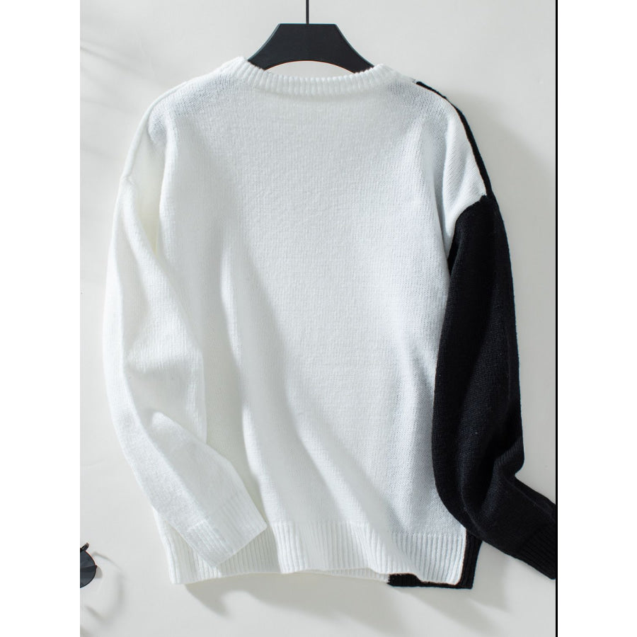 Two Tone Cable Knit Round Neck Long Sleeve Sweater Apparel and Accessories