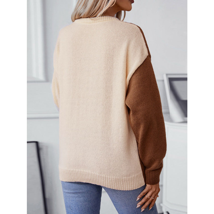 Two Tone Cable Knit Round Neck Long Sleeve Sweater Apparel and Accessories