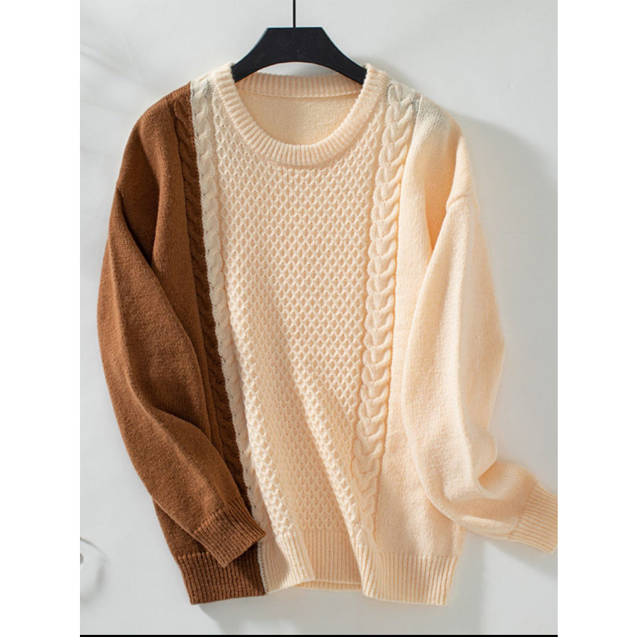 Two Tone Cable Knit Round Neck Long Sleeve Sweater Apparel and Accessories