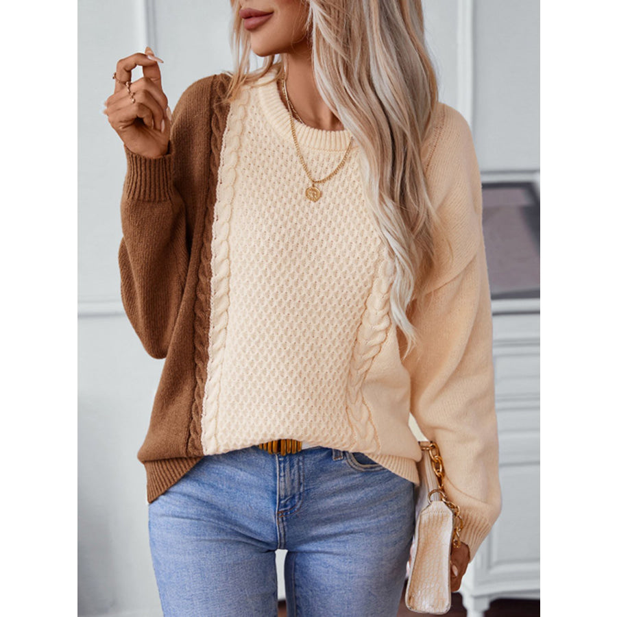 Two Tone Cable Knit Round Neck Long Sleeve Sweater Apparel and Accessories