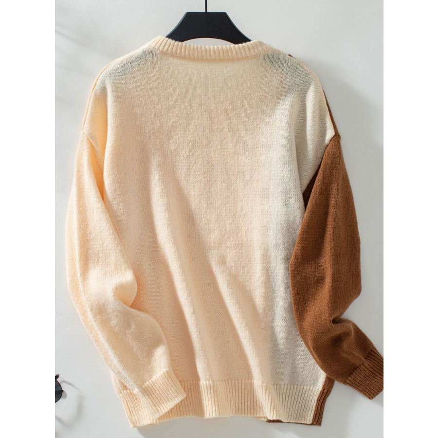 Two Tone Cable Knit Round Neck Long Sleeve Sweater Apparel and Accessories